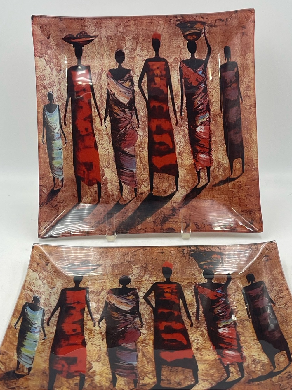 Fused Glass Decorative Tray 2pc Set
"African Tribal Women Silhouette" Browns Red